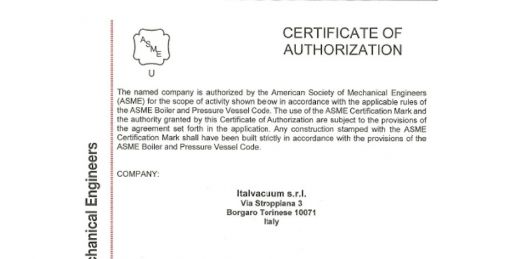 Italvacuum ottiene la certificazione ASME per l'intera linea di prodotti